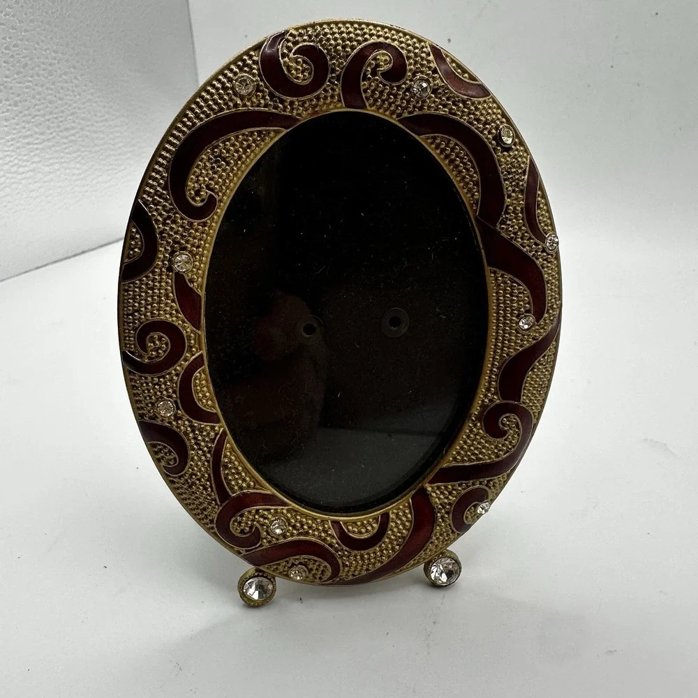 Small Vintage Dark Red Enamel Gold Tone Metal Rhinestone Oval Picture Frame
